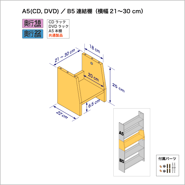 A5サイズ用本棚とB5サイズ用本棚を上下につなぐ連結棚。　上部奥行18cm、底部奥行き22cm／高さ25cm／横幅21-30cm