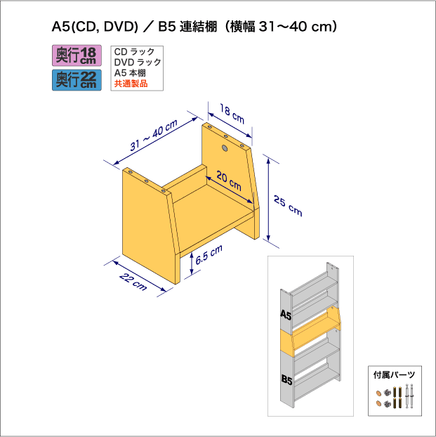 A5サイズ用本棚とB5サイズ用本棚を上下につなぐ連結棚。　上部奥行18cm、底部奥行き22cm／高さ25cm／横幅31-40cm