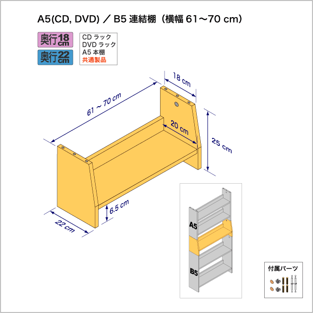 A5サイズ用本棚とB5サイズ用本棚を上下につなぐ連結棚。　上部奥行18cm、底部奥行き22cm／高さ25cm／横幅61-70cm