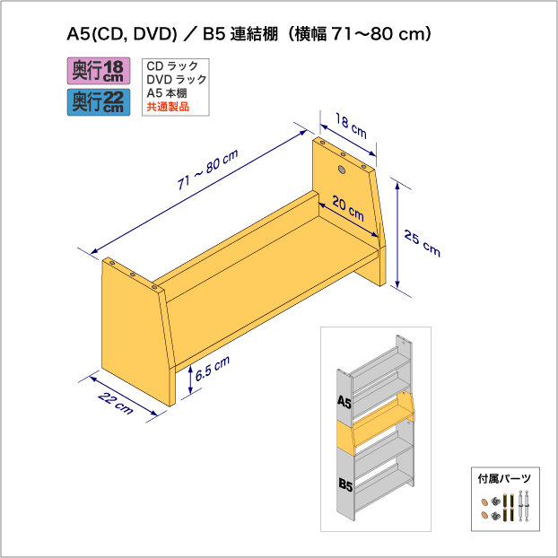 A5サイズ用本棚とB5サイズ用本棚を上下につなぐ連結棚。　上部奥行18cm、底部奥行き22cm／高さ25cm／横幅71-80cm