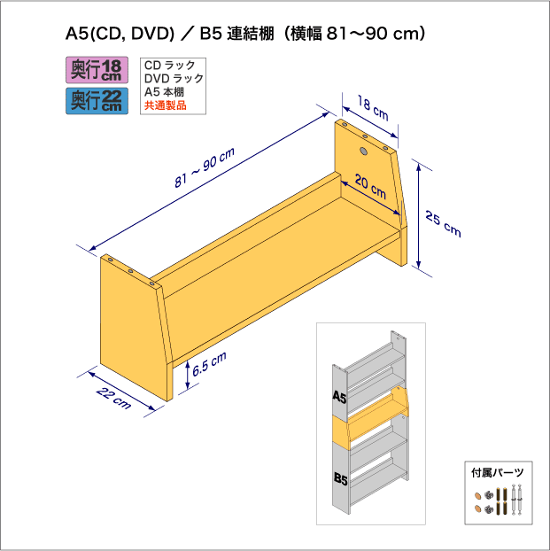 A5サイズ用本棚とB5サイズ用本棚を上下につなぐ連結棚。　上部奥行18cm、底部奥行き22cm／高さ25cm／横幅81-90cm