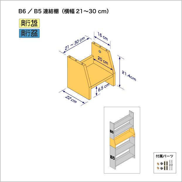 B6判コミック用本棚とB5サイズ用本棚を上下につなぐ連結棚。　上部奥行16cm、底部奥行き22cm／高さ21.4cm／横幅21-30cm