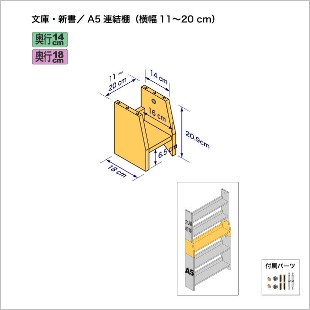 文庫本および新書コミック用本棚とA5サイズ用本棚を上下につなぐ連結棚。　上部奥行14cm、底部奥行き18cm／高さ20.9cm／横幅11-20cm