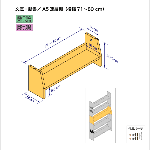 文庫本および新書コミック用本棚とA5サイズ用本棚を上下につなぐ連結棚。　上部奥行14cm、底部奥行き18cm／高さ20.9cm／横幅71-80cm