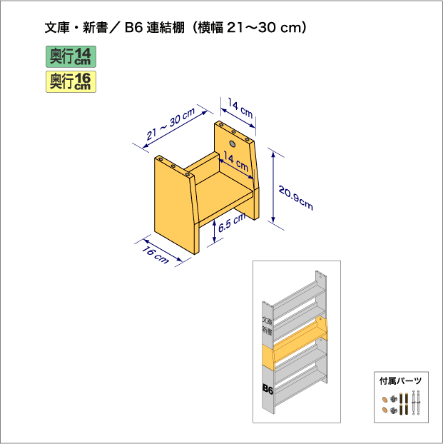 文庫本および新書コミック用本棚とB6判コミック用本棚を上下につなぐ連結棚。　上部奥行14cm、底部奥行き16cm／高さ20.9cm／横幅21-30cm