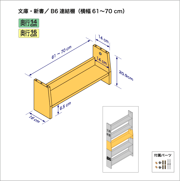 文庫本および新書コミック用本棚とB6判コミック用本棚を上下につなぐ連結棚。　上部奥行14cm、底部奥行き16cm／高さ20.9cm／横幅61-70cm