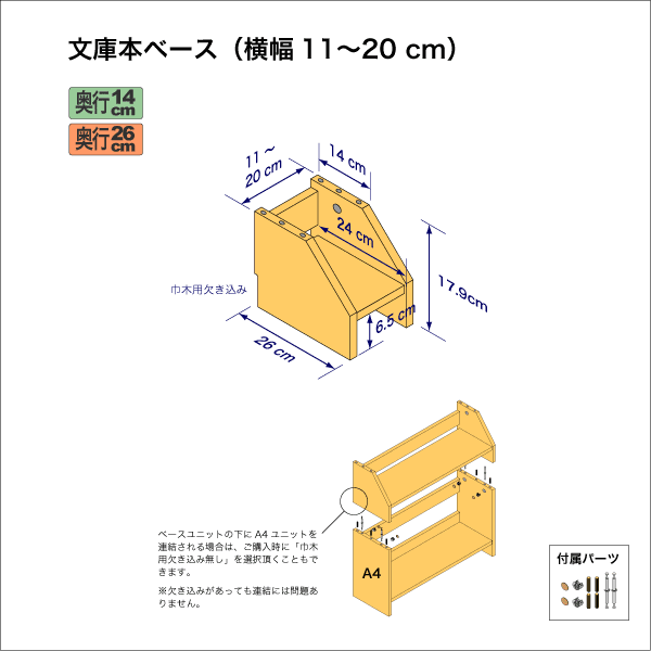 文庫本棚のベースユニット　奥行26cm／高さ17.9cm／横幅11-20cm