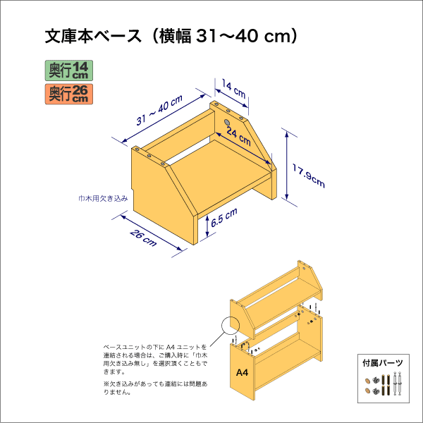 文庫本棚のベースユニット　奥行26cm／高さ17.9cm／横幅31-40cm