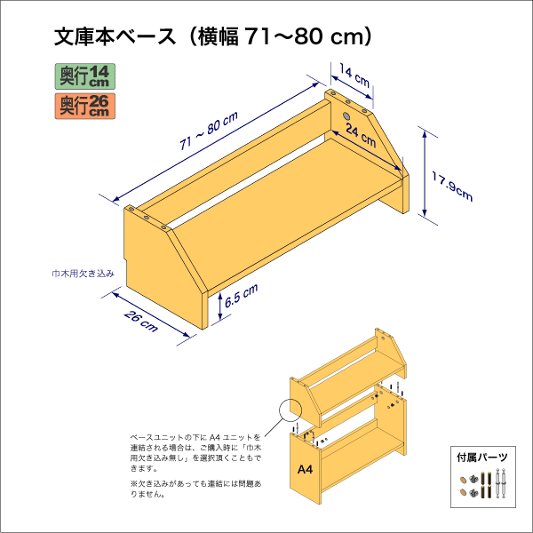 文庫本棚のベースユニット　奥行26cm／高さ17.9cm／横幅71-80cm