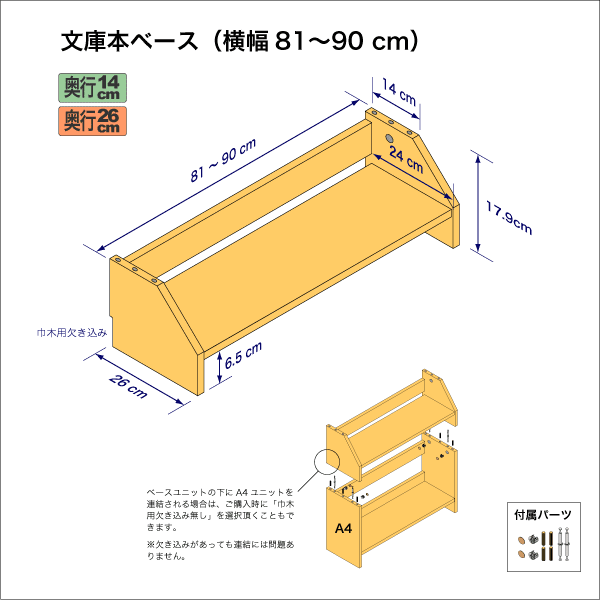 文庫本棚のベースユニット　奥行26cm／高さ17.9cm／横幅81-90cm