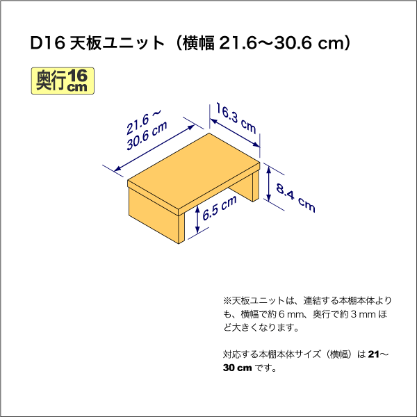 奥行16cmの本棚用天板ユニット 奥行16.3cm/高さ8.4cm/横幅21.6-30.6cm