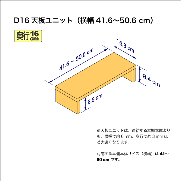 奥行16cmの本棚用天板ユニット　奥行16.3cm／高さ8.4cm／横幅41.6-50.6cm