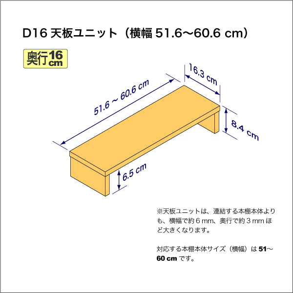 奥行16cmの本棚用天板ユニット　奥行16.3cm／高さ8.4cm／横幅51.6-60.6cm