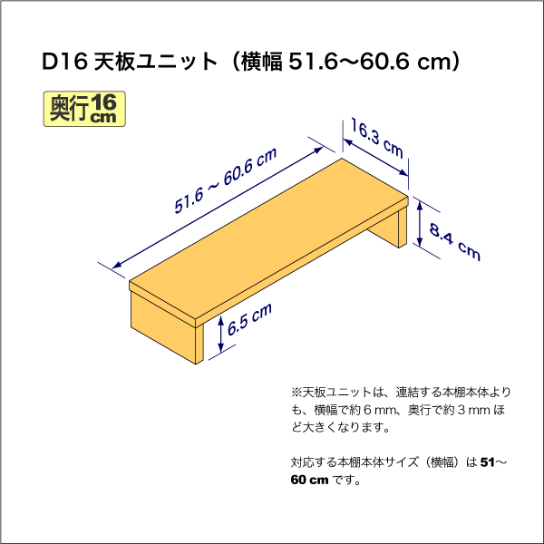 奥行16cmの本棚用天板ユニット 奥行16.3cm/高さ8.4cm/横幅51.6-60.6cm
