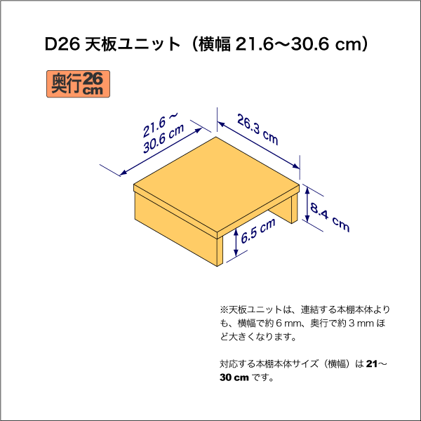 A4サイズ用本棚の天板ユニット　奥行26.3cm／高さ8.4cm／横幅21.6-30.6cm