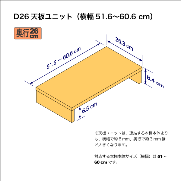 A4サイズ用本棚の天板ユニット　奥行26.3cm／高さ8.4cm／横幅51.6-60.6cm