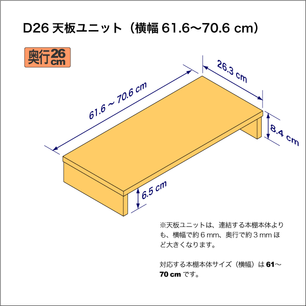 A4サイズ用本棚の天板ユニット　奥行26.3cm／高さ8.4cm／横幅61.6-70.6cm