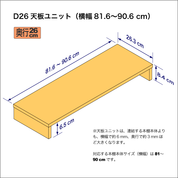A4サイズ用本棚の天板ユニット　奥行26.3cm／高さ8.4cm／横幅81.6-90.6cm