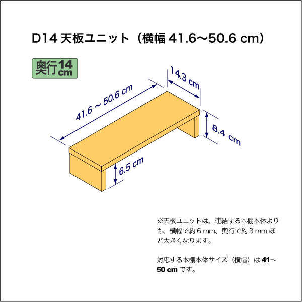奥行14cmの本棚用天板ユニット　奥行14.3cm／高さ8.4cm／横幅41.6-50.6cm