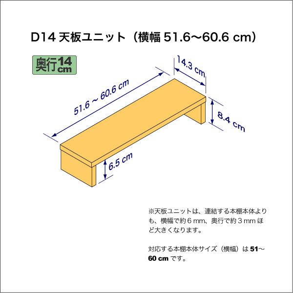 奥行14cmの本棚用天板ユニット　奥行14.3cm／高さ8.4cm／横幅51.6-60.6cm