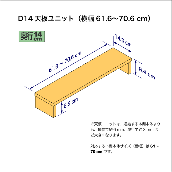 奥行14cmの本棚用天板ユニット　奥行14.3cm／高さ8.4cm／横幅61.6-70.6cm