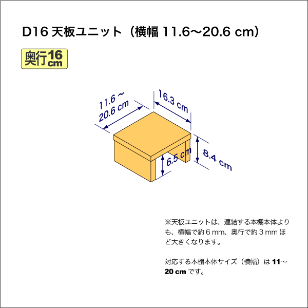 奥行16cmの本棚用天板ユニット　奥行16.3cm／高さ8.4cm／横幅11.6-20.6cm