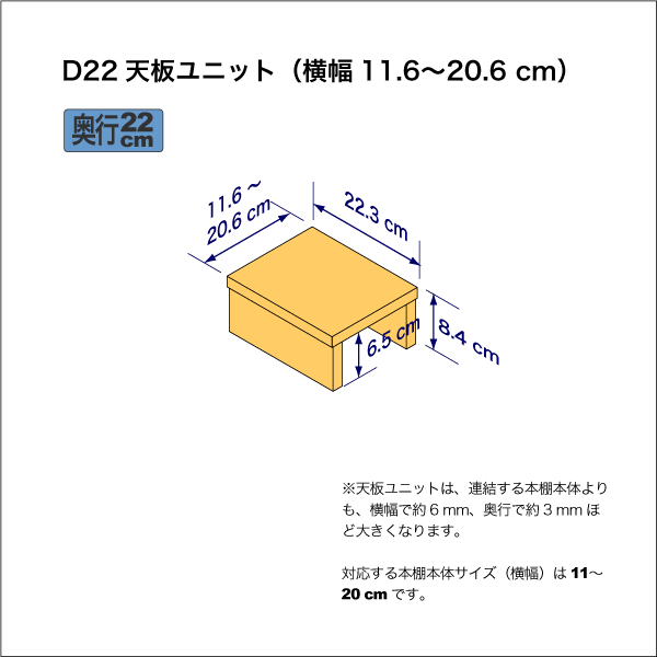 B5サイズ用本棚の天板ユニット　奥行22.3cm／高さ8.4cm／横幅11.6-20.6cm