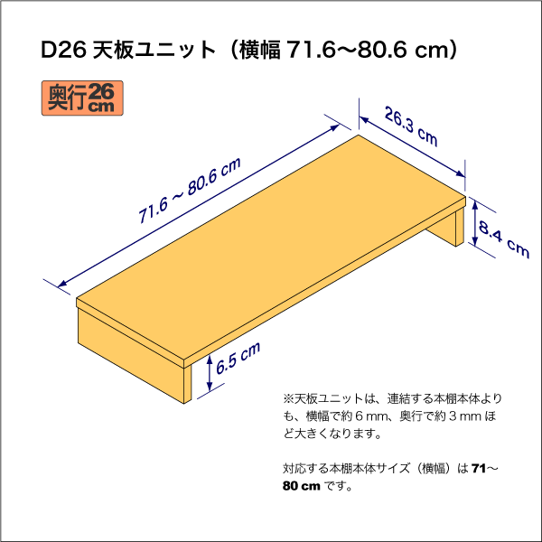 A4サイズ用本棚の天板ユニット　奥行26.3cm／高さ8.4cm／横幅71.6-80.6cm